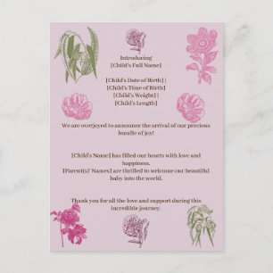 Botanical Peony Eucalyptus Girl Birth Announcement Postcard