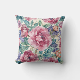 Botanical Peony Watercolor Lavender Blooms Floral Cushion