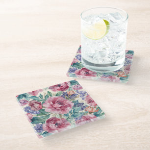 Botanical Peony Watercolor Lavender Blooms Floral Glass Coaster