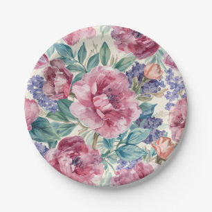 Botanical Peony Watercolor Lavender Blooms Floral Paper Plate