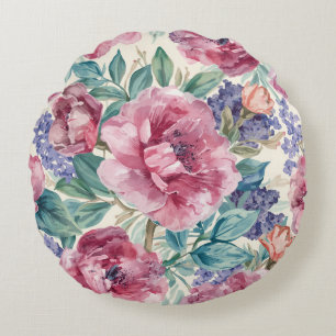 Botanical Peony Watercolor Lavender Blooms Floral Round Cushion