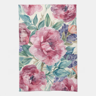 Botanical Peony Watercolor Lavender Blooms Floral Tea Towel