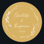 Botanical Personalised Script Wedding Names Yellow Classic Round Sticker<br><div class="desc">Dusty Yellow Floral Wreath Monogram Personalised Names and Wedding Date Script Calligraphy Classic Round Sticker</div>