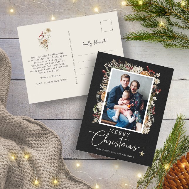 Botanical Photo Christmas Postcard (Elegant Black Rustic Boho Botanical Photo Merry Christmas Postcard
)