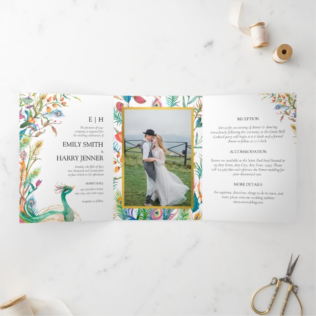 Botanical Photo Peacock Indie Garden Wedding  Tri-Fold Card (Inside)
