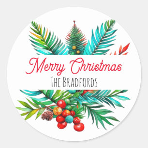 Botanical Pine Merry Christmas Personalised Classic Round Sticker
