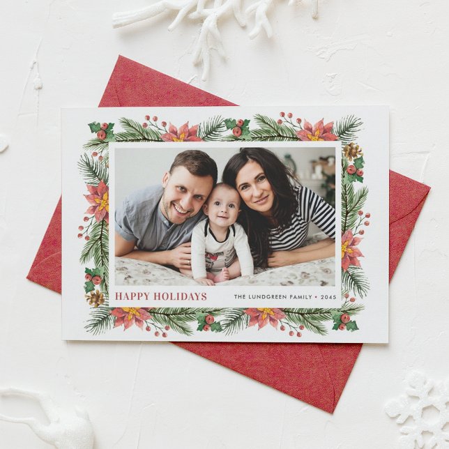 Botanical Pine Needles and Poinsettia Photo Holiday Card (Customizable Photo Holiday Card Featuring Watercolor Pine Needles, Pine Cones, Poinsettia & Berries)