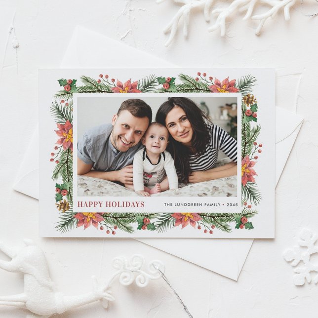 Botanical Pine Needles and Poinsettia Photo Holiday Postcard (Customizable Photo Holiday Card Featuring Watercolor Pine Needles, Pine Cones, Poinsettia & Berries)