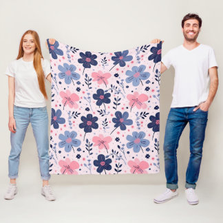 Botanical Pink And Blue Flowers Nature Print Fleece Blanket