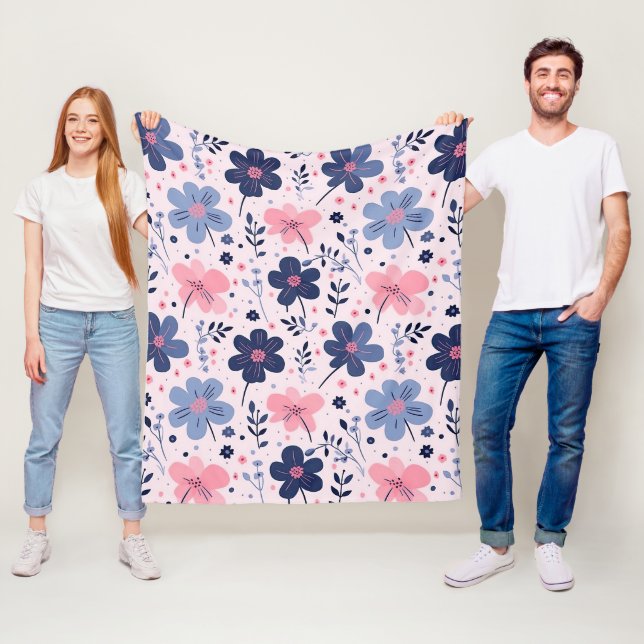 Botanical Pink And Blue Flowers Nature Print Fleece Blanket (In Situ)