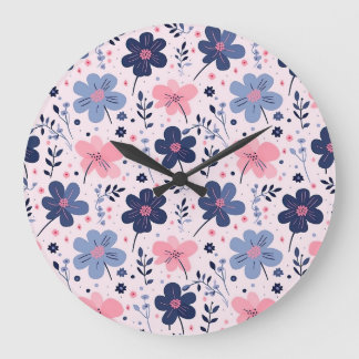 Botanical Pink And Blue Flowers Nature Print Large Clock