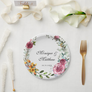 Botanical Pink and Burgundy Floral Wedding Paper Plate