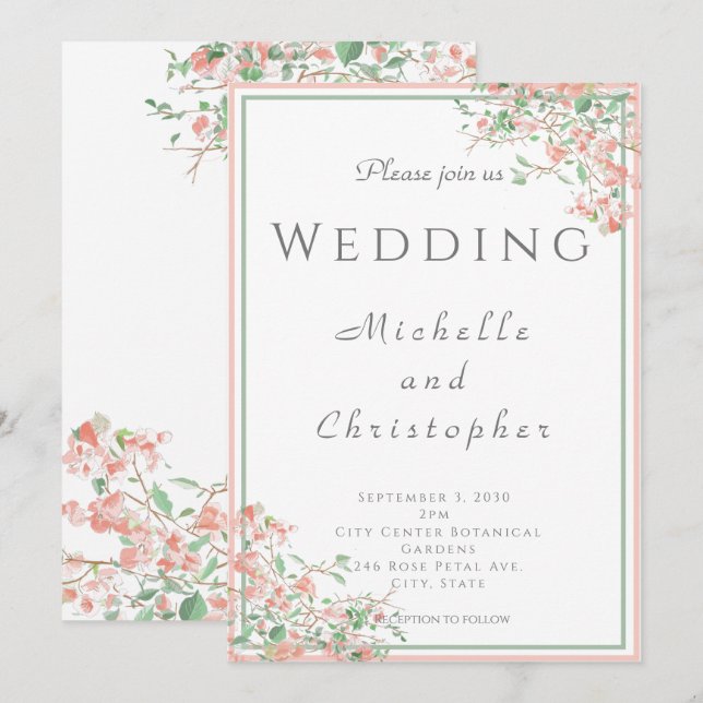 Botanical Pink and Green Boho Wedding Invitation (Front/Back)