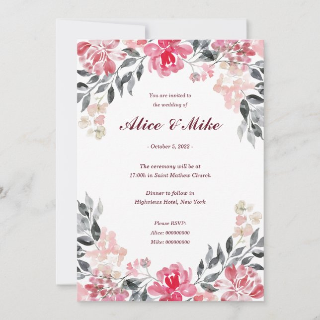 Botanical Pink and Grey Watercolor Flowers Invitat Invitation (Front)