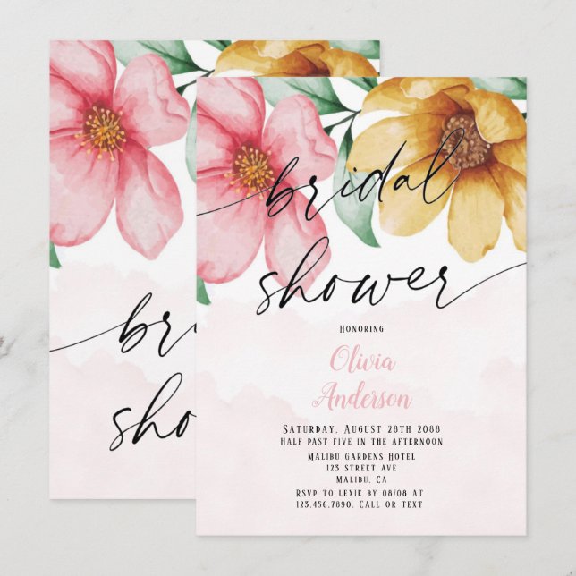 Botanical Pink and Yellow Floral Bridal Shower Invitation (Front/Back)