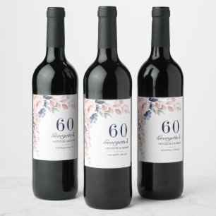 Botanical Pink Blue Floral Script 60th Birthday Wine Label