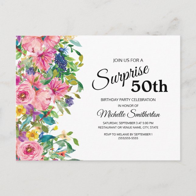 Botanical Pink Blue Watercolor Floral 50th Birthda Postcard (Front)