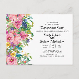 Botanical Pink Blue Watercolor Floral Engagement Postcard