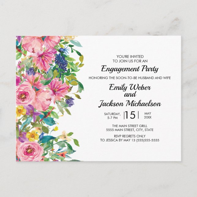 Botanical Pink Blue Watercolor Floral Engagement Postcard (Front)