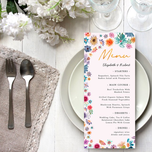 Botanical Pink Boho Chic Wildflower Garden Wedding Menu (Front)