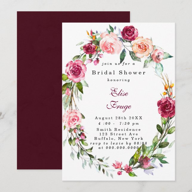 Botanical Pink Burgundy Floral Bridal Shower Invit Invitation (Front/Back)