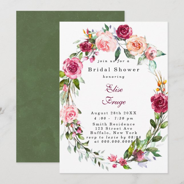 Botanical Pink Burgundy Floral Bridal Shower Invitation (Front/Back)