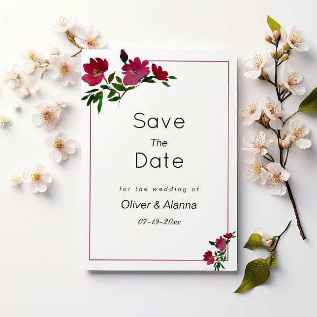 Botanical pink burgundy green floral Save The Date Invitation (Botanical pink burgundy green floral Save The Date)