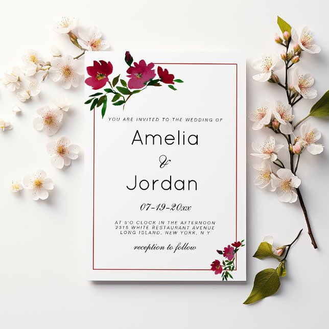 Botanical pink burgundy green floral Wedding Invitation (Botanical pink burgundy green floral Wedding )