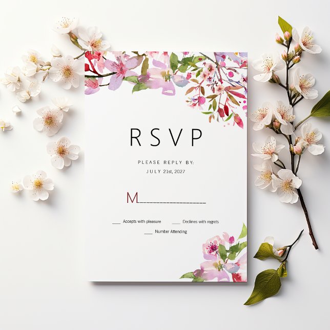 Botanical pink cherry blossom summer RSVP Invitation (Botanical pink cherry blossom summer RSVP)
