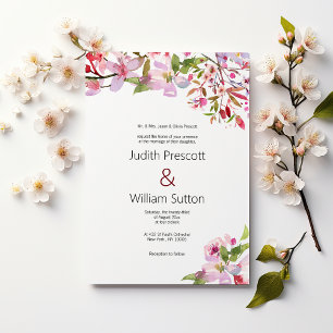 Botanical pink cherry blossom summer Wedding Invitation