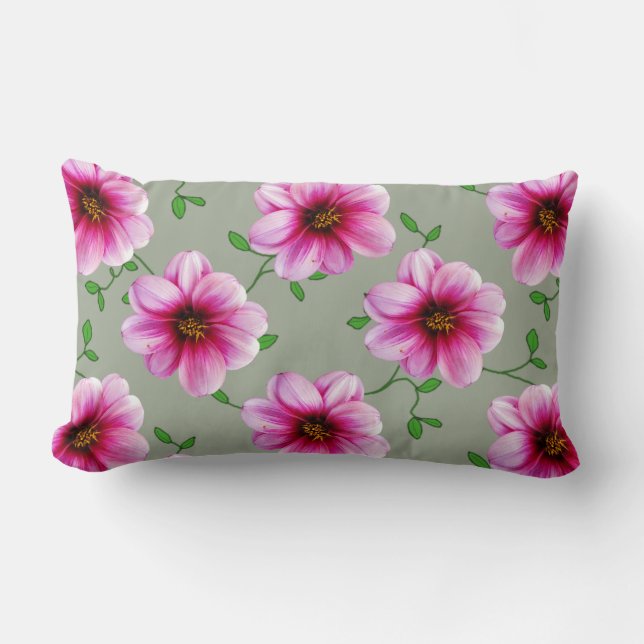 Botanical Pink Dahlia Flower on any Colour Lumbar Cushion (Front)