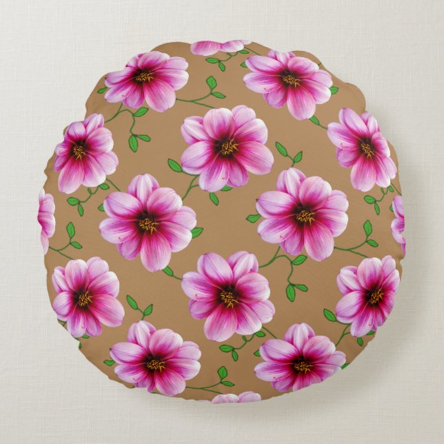Botanical Pink Dahlia Flower on any Colour Round Cushion (Front)