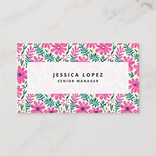 Botanical Pink Daisies Watercolor Pattern Business Card (Front)