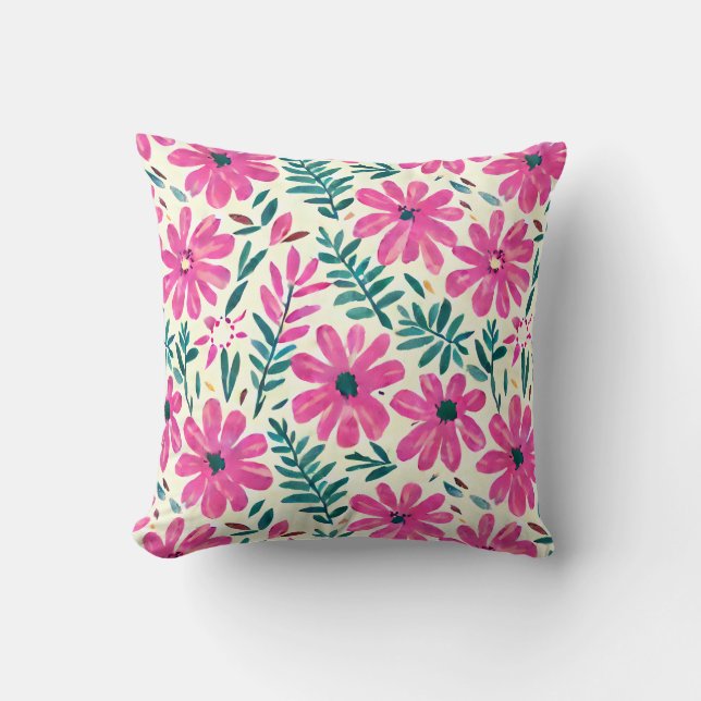 Botanical Pink Daisies Watercolor Pattern Cushion (Front)