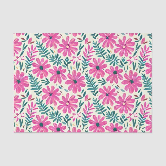 Botanical Pink Daisy Watercolor Pattern Tissue Paper (Front)