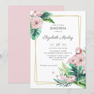Botanical Pink Flamingo Floral Frame Quinceañera Invitation