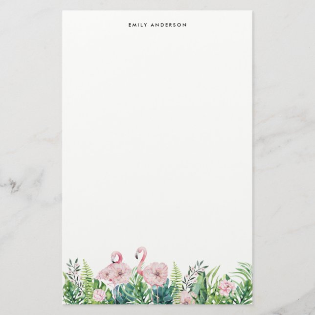 Botanical Pink Flamingo Floral Garland Custom Stationery (Front)