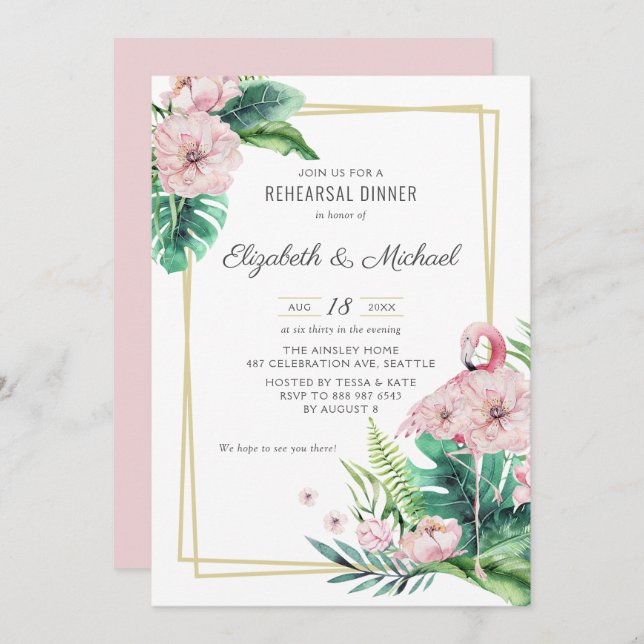 Botanical Pink Flamingo Floral Rehearsal Dinner Invitation (Front/Back)