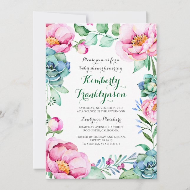 Botanical Pink Floral Watercolor Baby Shower Invitation (Front)