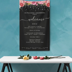 Botanical Pink Flowers Diamond Glitter Black Salon Banner