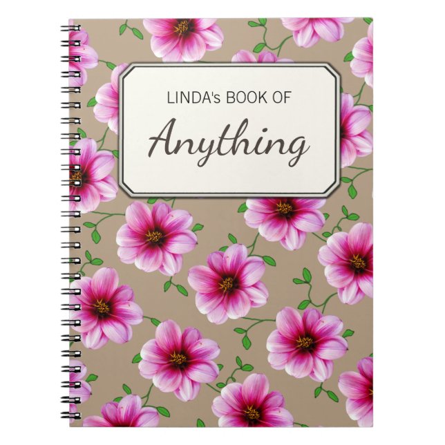 Botanical Pink Flowers on any Colour Personalised Notebook (Front)