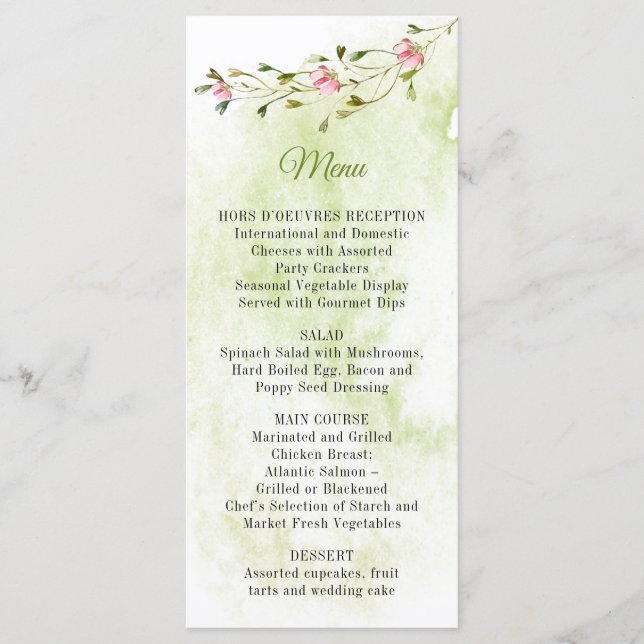Botanical Pink Flowers Watercolor Wash Menu (Front)