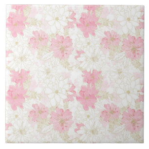 Botanical Pink Gold Flowers Tile