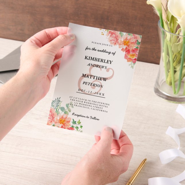 Botanical pink green watercolor floral Wedding Vellum Invitations (Handheld)