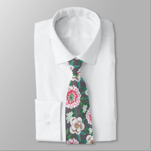 Botanical pink, grey, green Floral Tie