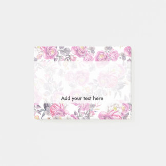 Botanical pink grey watercolor romantic roses post-it notes