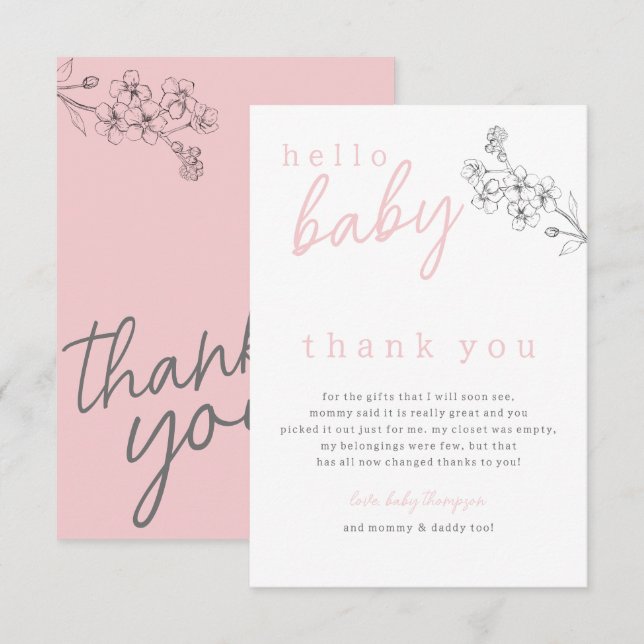 Botanical Pink Hello Baby Baby Shower Thank You  (Front/Back)