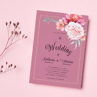 Botanical pink mint formal script floral wedding invitation