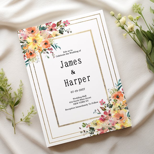 Botanical pink orange gold floral country Wedding  Invitation (Botanical pink orange gold floral country Wedding )