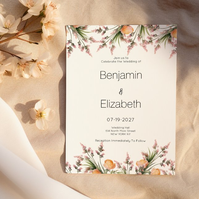 Botanical pink orange summer flowers Wedding Invitation (Botanical pink orange summer flowers Wedding )